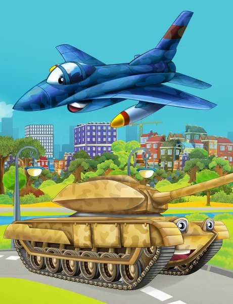 Cartoon scene met militaire leger auto tank op de weg en jet vliegtuig vliegen over - illustratie voor kinderen — Stockfoto