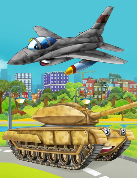 Cartoon scene met militaire leger auto tank op de weg en jet vliegtuig vliegen over - illustratie voor kinderen — Stockfoto