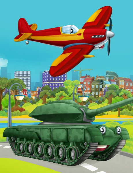 Мультяшна сцена з танком військової машини на дорозі та літаком пожежника - ілюстрація для дітей — стокове фото