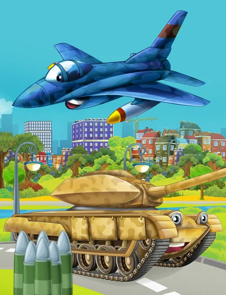 Cartoon scene met militaire leger auto tank op de weg en jet vliegtuig vliegen over - illustratie voor kinderen — Stockfoto