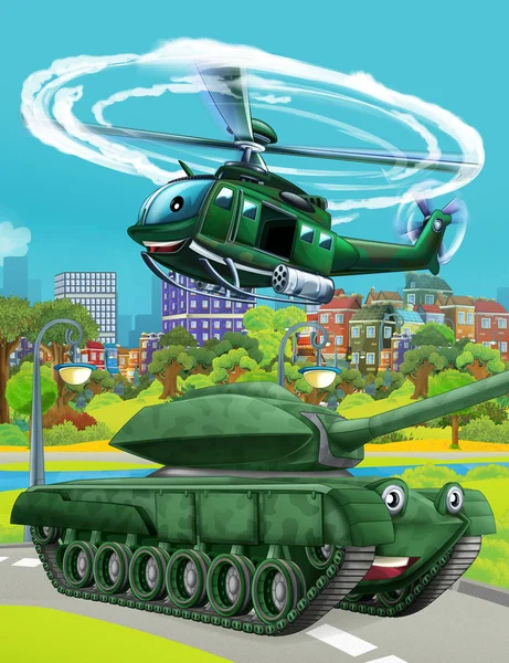 Tecknad scen med militär armé bil vagn tank på vägen och helikopter flyger över - illustration för barn — Stockfoto