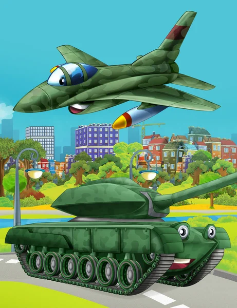 Rajzfilm jelenet katonai hadsereg autó jármű tartály az úton, és sugárhajtású repülőgép repül át - illusztráció gyerekeknek — Stock Fotó
