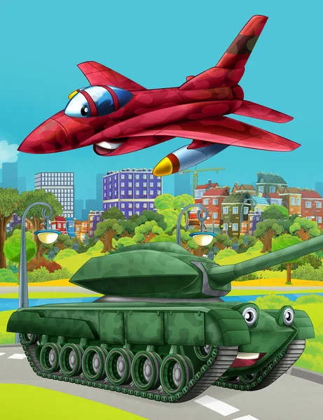 Cartoon scene met militaire leger auto tank op de weg en jet vliegtuig vliegen over - illustratie voor kinderen — Stockfoto