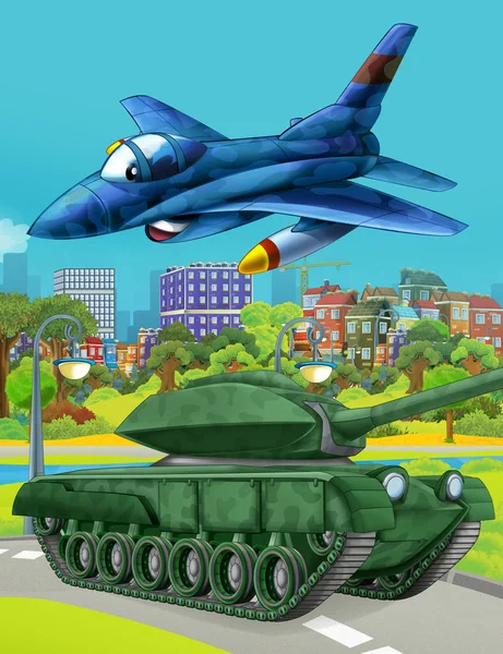 Cartoon scene met militaire leger auto tank op de weg en jet vliegtuig vliegen over - illustratie voor kinderen — Stockfoto