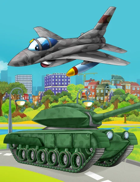 Cartoon scene met militaire leger auto tank op de weg en jet vliegtuig vliegen over - illustratie voor kinderen — Stockfoto