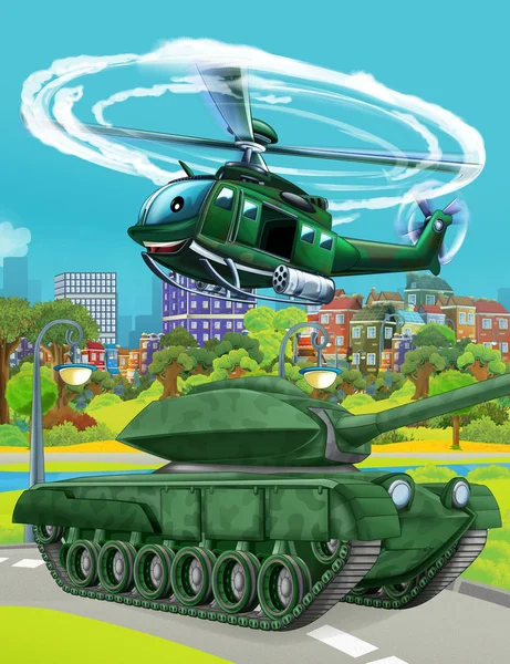 Мультяшна сцена з танком військової машини на дорозі та вертольотом, що літає - ілюстрація для дітей — стокове фото