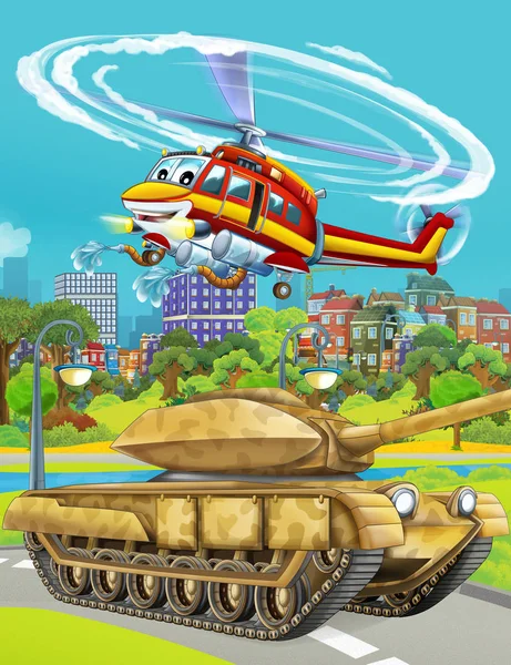 Cartoon scene met militaire leger auto tank op de weg en brandweerman helikopter vliegen over - illustratie voor kinderen — Stockfoto
