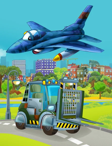 Karikatür sahnesinde askeri araçlar yolda ve jet uçakları üzerinde uçuyor. Çocuklar için çizimler. — Stok fotoğraf