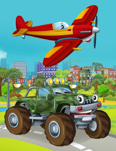 Zeichentrickszene mit Militärfahrzeug auf der Straße und überfliegendem Feuerwehrflugzeug - Illustration für Kinder — Stockfoto