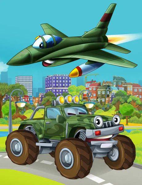 Zeichentrickszene mit Militärfahrzeug auf der Straße und überfliegendem Düsenflugzeug - Illustration für Kinder — Stockfoto