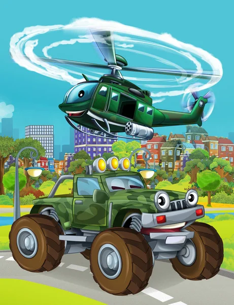 Tecknad scen med militär armé bil på vägen - illustration för barn — Stockfoto