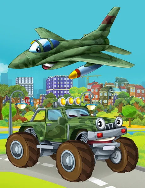 cartoon scene with military army car vehicle on the road and jet plane flying over - illustration for children