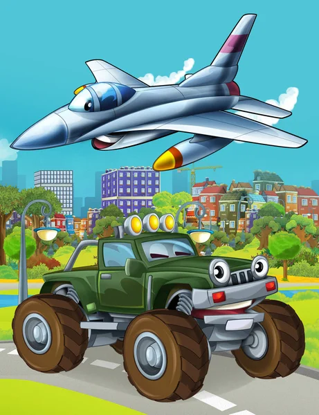 Cartoon scene with military army car vehicle on the road and jet plane flying over - illustration for children — 스톡 사진