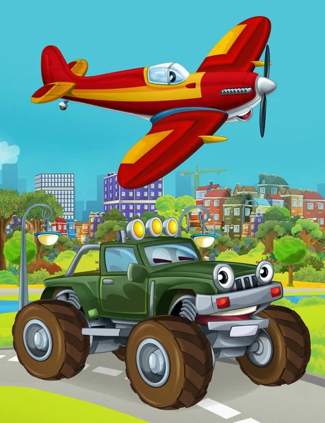 军车在路上和消防员飞机在上空盘旋的卡通片场景.儿童图片说明 — 图库照片