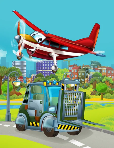 Σκηνή κινουμένων σχεδίων με στρατιωτικό όχημα αυτοκίνητο στο δρόμο και πυροσβέστης αεροπλάνο που φέρουν πάνω - εικονογράφηση για τα παιδιά — Φωτογραφία Αρχείου