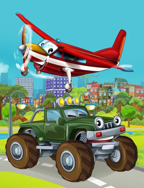 Cartoon scene with military army car vehicle on the road and fireman plane flying over - illustration for children — Stock Photo, Image