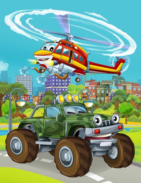 Cartoon scene met militaire leger auto voertuig op de weg en brandweerman helikopter vliegen over - illustratie voor kinderen — Stockfoto