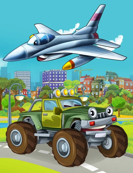 cartoon scene with military army car vehicle on the road and jet plane flying over - illustration for children