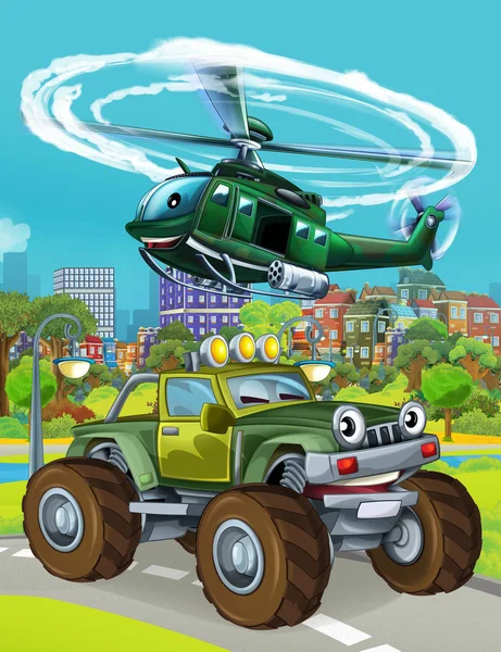 Cartoon scene with military army car vehicle on the road and helicopter flying over - illustration for children — 스톡 사진