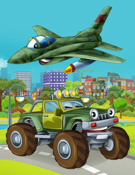 Zeichentrickszene mit Militärfahrzeug auf der Straße und überfliegendem Düsenflugzeug - Illustration für Kinder — Stockfoto