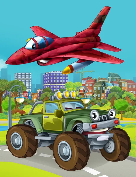 Zeichentrickszene mit Militärfahrzeug auf der Straße und überfliegendem Düsenflugzeug - Illustration für Kinder — Stockfoto