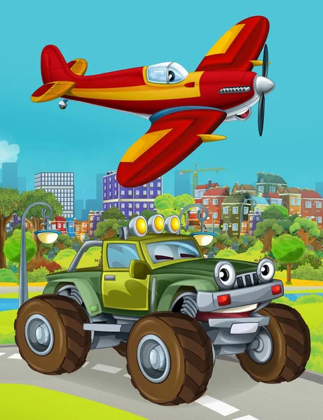 Cartoon scene with military army car vehicle on the road and fireman plane flying over - illustration for children — Stock Photo, Image