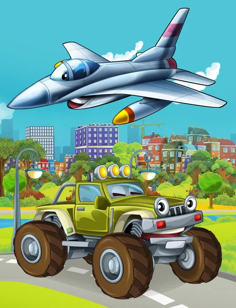 Zeichentrickszene mit Militärfahrzeug auf der Straße und überfliegendem Düsenflugzeug - Illustration für Kinder — Stockfoto