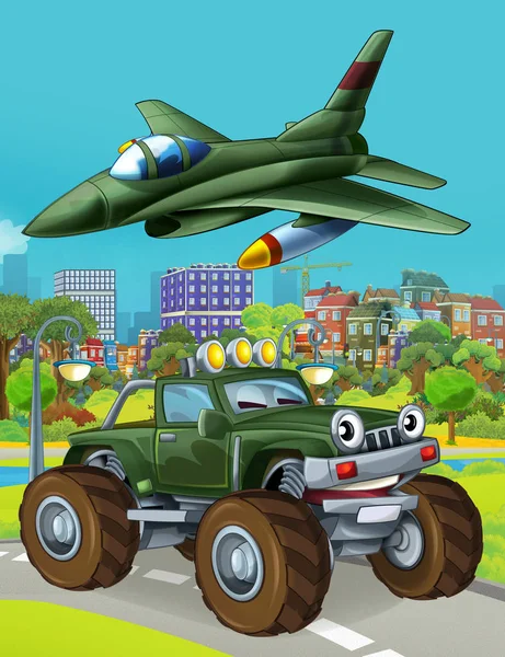 Zeichentrickszene mit Militärfahrzeug auf der Straße und überfliegendem Düsenflugzeug - Illustration für Kinder — Stockfoto