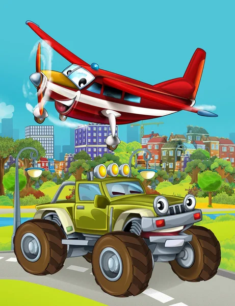 Cartoon scene with military army car vehicle on the road and fireman plane flying over - illustration for children — 스톡 사진