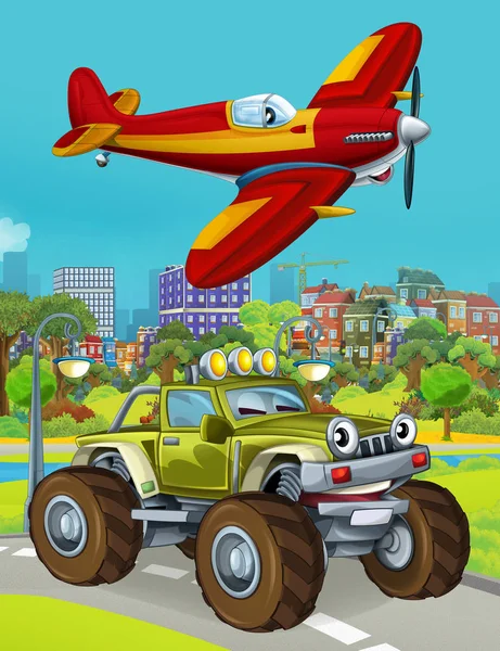 Cena dos desenhos animados com veículo de carro do exército militar na estrada e avião bombeiro sobrevoando ilustração para crianças — Fotografia de Stock