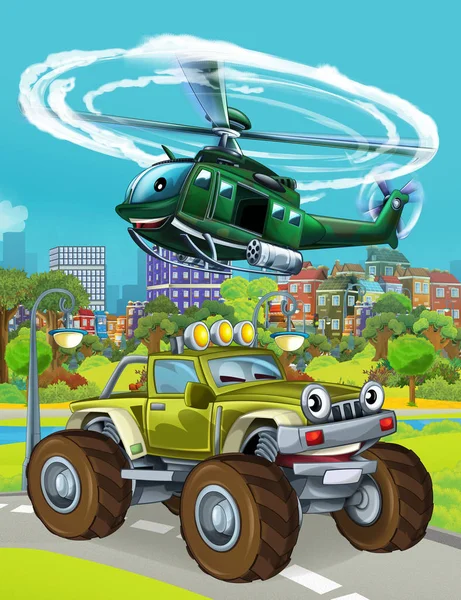 cartoon scene with military army car vehicle on the road and helicopter flying over - illustration for children