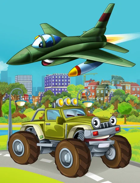 Мультфильм сцена с военным автомобилем армии на дороге и реактивный самолет пролетел над - иллюстрация для детей — стоковое фото