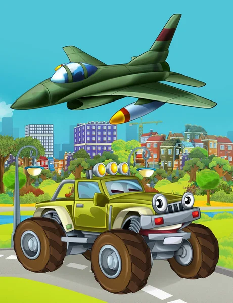 Cena dos desenhos animados com veículo de carro do exército militar na estrada e avião a jato sobrevoando ilustração para crianças — Fotografia de Stock