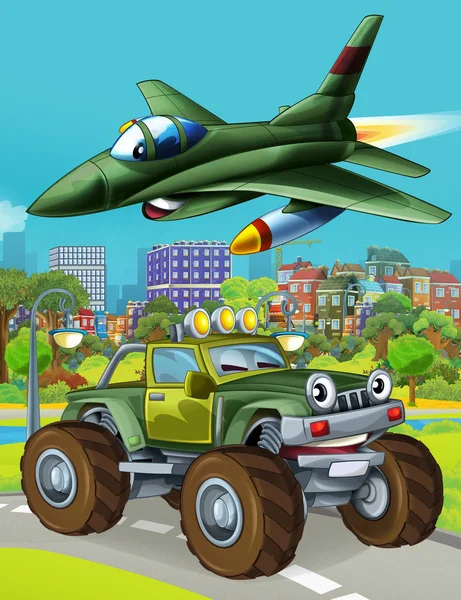 Zeichentrickszene mit Militärfahrzeug auf der Straße und überfliegendem Düsenflugzeug - Illustration für Kinder — Stockfoto