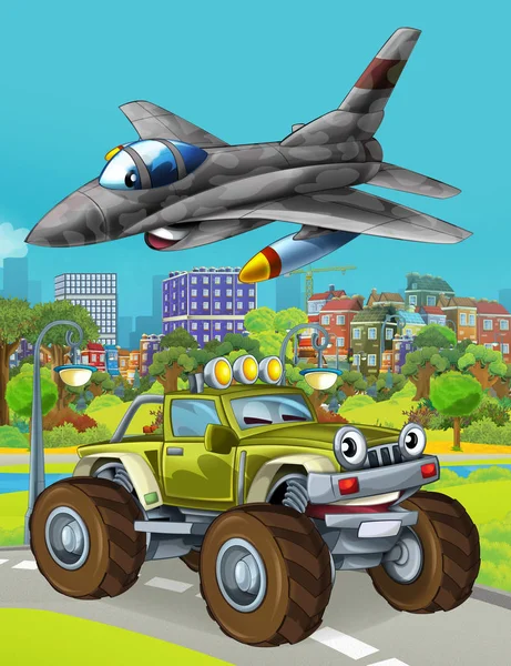 Zeichentrickszene mit Militärfahrzeug auf der Straße und überfliegendem Düsenflugzeug - Illustration für Kinder — Stockfoto