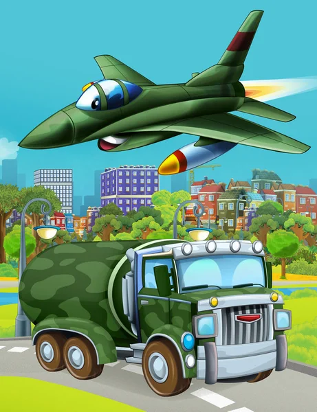 Мультяшна сцена з військовою машиною на дорозі та реактивним літаком, що літає - ілюстрація для дітей — стокове фото