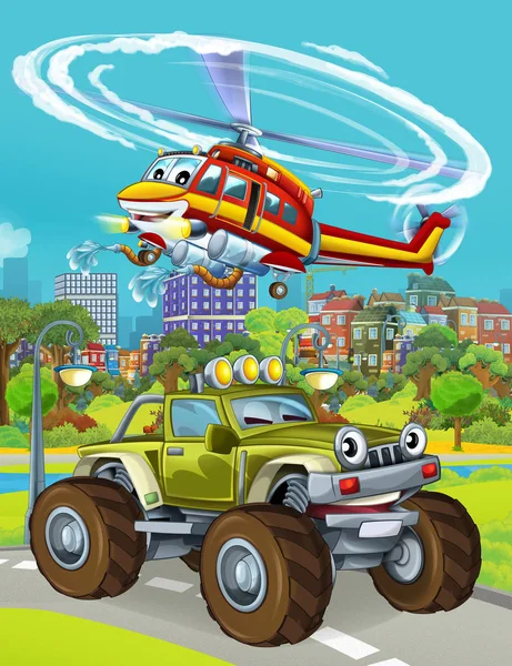 Tecknad scen med militär armé bil fordon på vägen och brandman helikopter flyger över - illustration för barn — Stockfoto