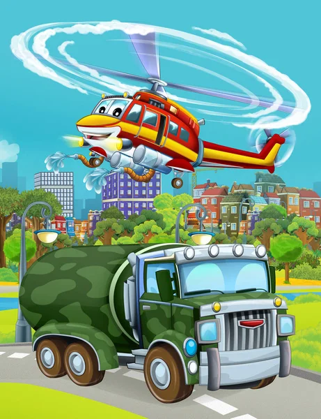 Cartoon scene met militaire leger auto voertuig op de weg en brandweerman helikopter vliegen over - illustratie voor kinderen — Stockfoto