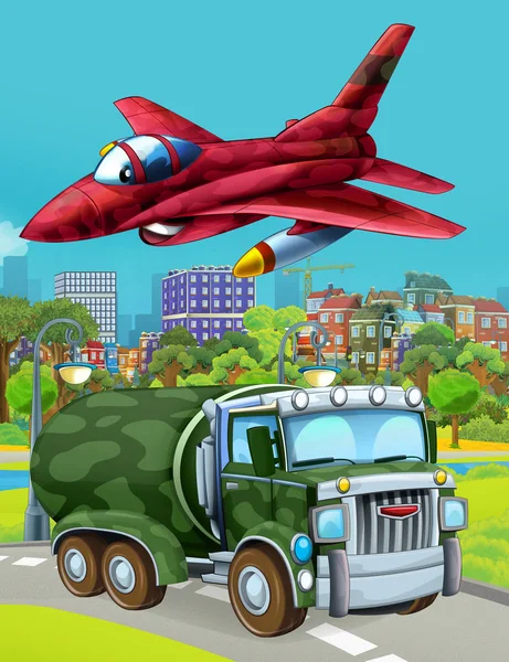 Cartoon scene with military army car vehicle on the road and jet plane flying over - illustration for children — 스톡 사진