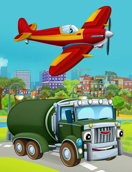 Escena de dibujos animados con vehículo militar coche del ejército en la carretera y avión bombero volando sobre - ilustración para los niños — Foto de Stock