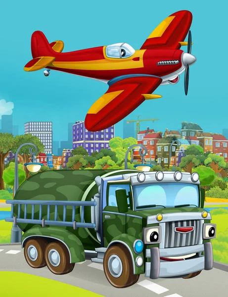 Cartoon scene with military army car vehicle on the road and plane flying over - illustration for children — 스톡 사진