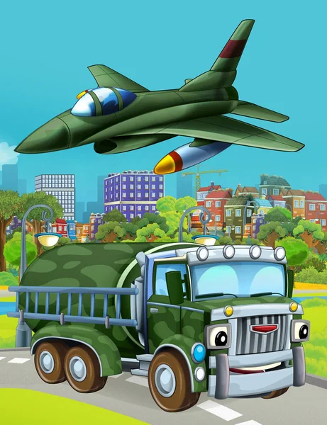 Rajzfilm jelenet katonai hadsereg autó jármű az úton, és sugárhajtású repülőgép repül át - illusztráció gyerekeknek — Stock Fotó