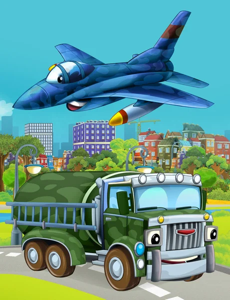 Tecknad scen med militär armé bil fordon på vägen och jetplan flyger över - illustration för barn — Stockfoto