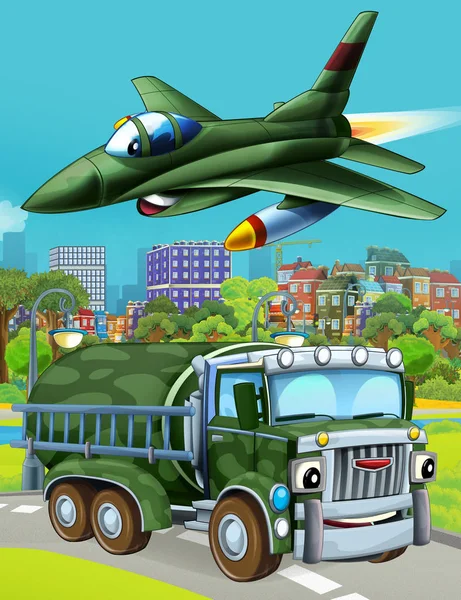 Cartoon scene with military army car vehicle on the road and jet plane flying over - illustration for children — 스톡 사진