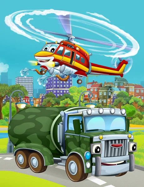 Cartoon scene met militaire leger auto voertuig op de weg en brandweerman helikopter vliegen over - illustratie voor kinderen — Stockfoto