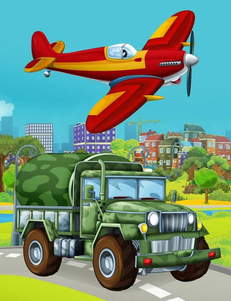 Tecknad scen med militär armé bil fordon på vägen och brandman spelar flyger över - illustration för barn — Stockfoto