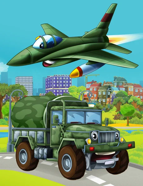 Karikatür sahnesinde askeri araçlar yolda ve jet uçakları üzerinde uçuyor. Çocuklar için çizimler. — Stok fotoğraf