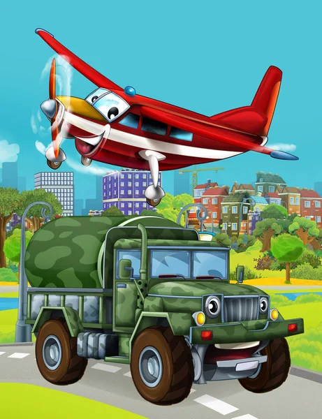 Tecknad scen med militär armé bil fordon på vägen och brandman plan flyger över - illustration för barn — Stockfoto