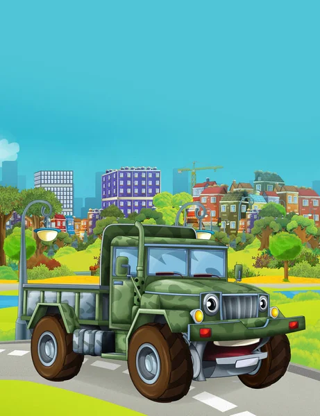 Escena de dibujos animados con vehículo militar del ejército en la carretera - ilustración para los niños — Foto de Stock