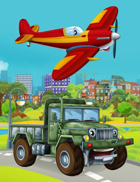 Cartoon scene with military army car vehicle on the road and fireman plane flying over - illustration for children — 스톡 사진